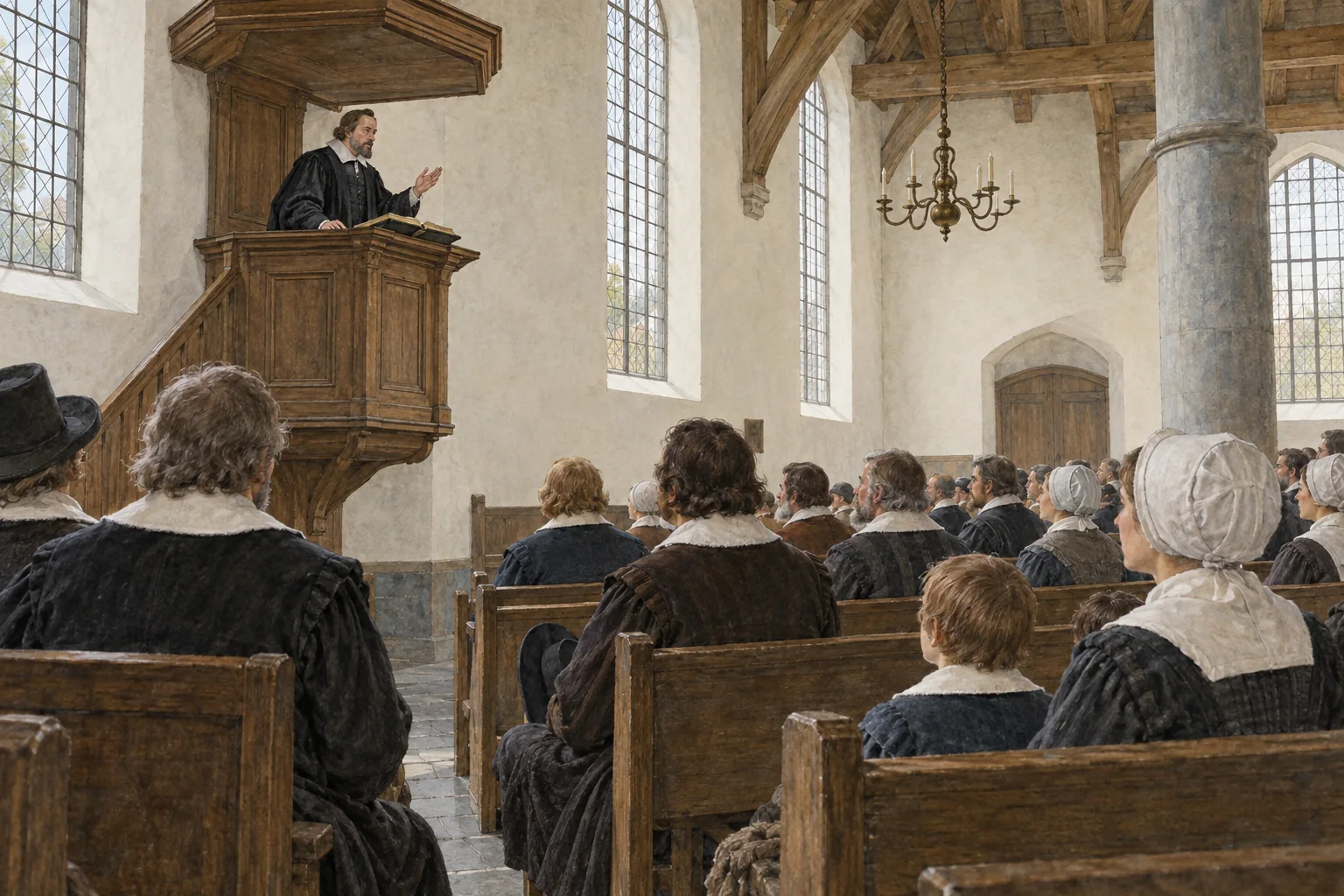 A minister preaches from a plain wooden pulpit to a seated congregation in an imagined early seventeenth-century Dutch church.