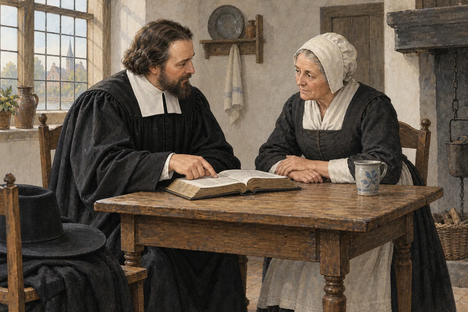 A minister and an older believer sit with an open book during a quiet pastoral visit in an imagined seventeenth-century Dutch home.