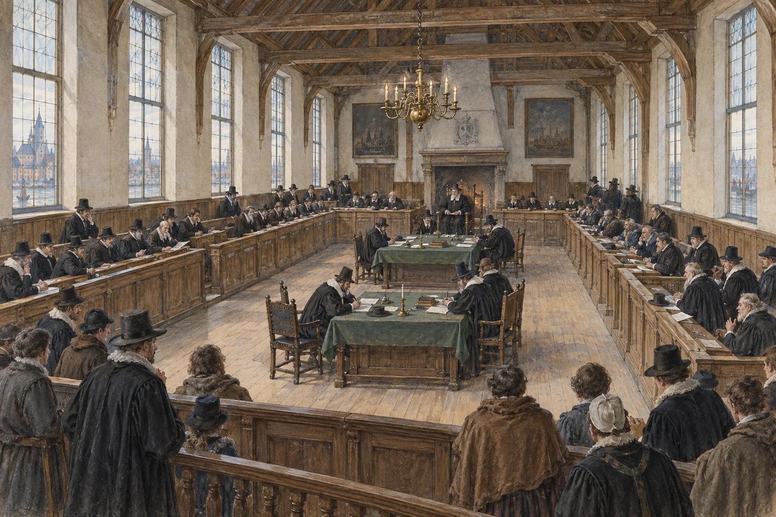 Delegates deliberate at tables and perimeter benches in a timber-roofed civic hall, with observers in the foreground.